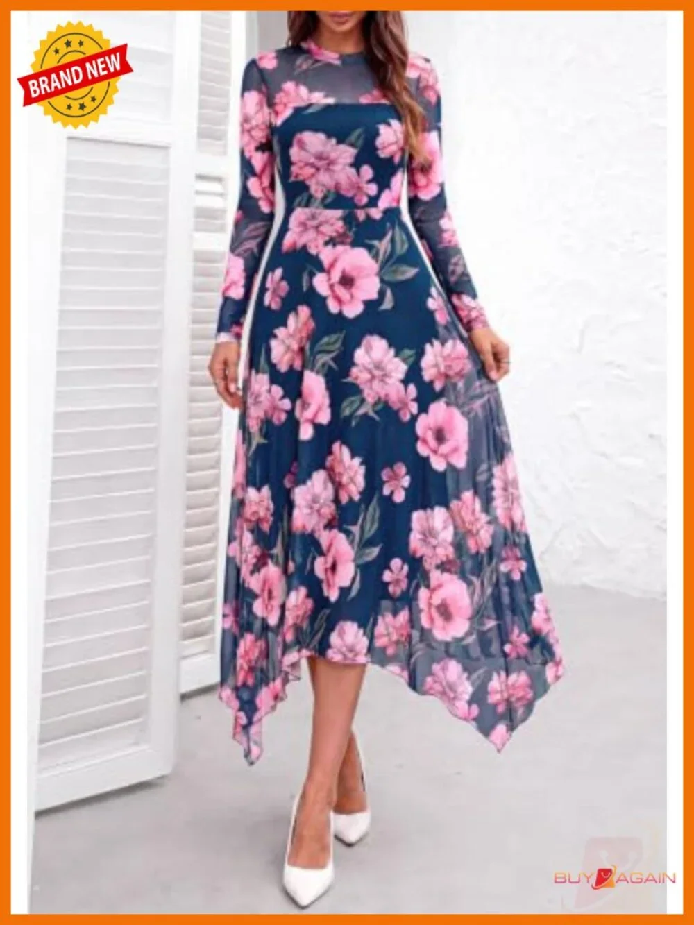 Women's Floral Mesh Midi Dress Long Sleeve Mock Neck Fit & Flare